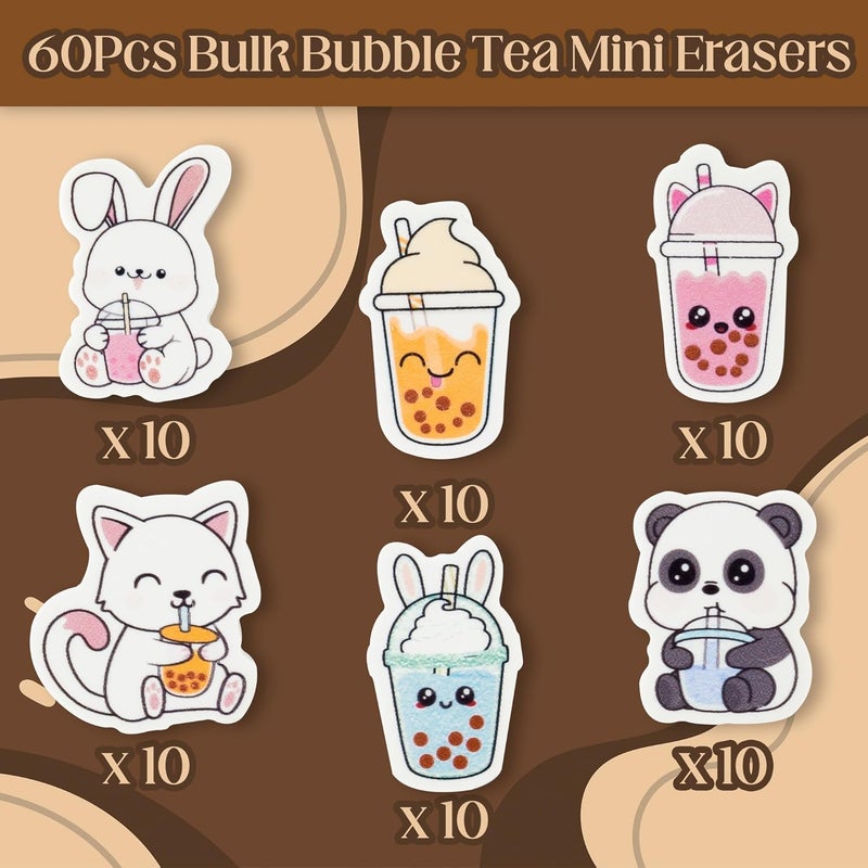 BZaber Bubble Tea Mini Eraser for Kids Bulk Christmas Winter Gifts 60Pcs Cute Kawaii Panda Rabbit Cat Boba Cup Pencils Erasers 3D Desk Puzzle Supplies for Student Classroom Prizes Birthday Party Favor - Image 2
